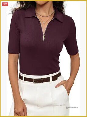Women's V Neck Half Sleeve Blouse Slim Fit Collared Work Shirt